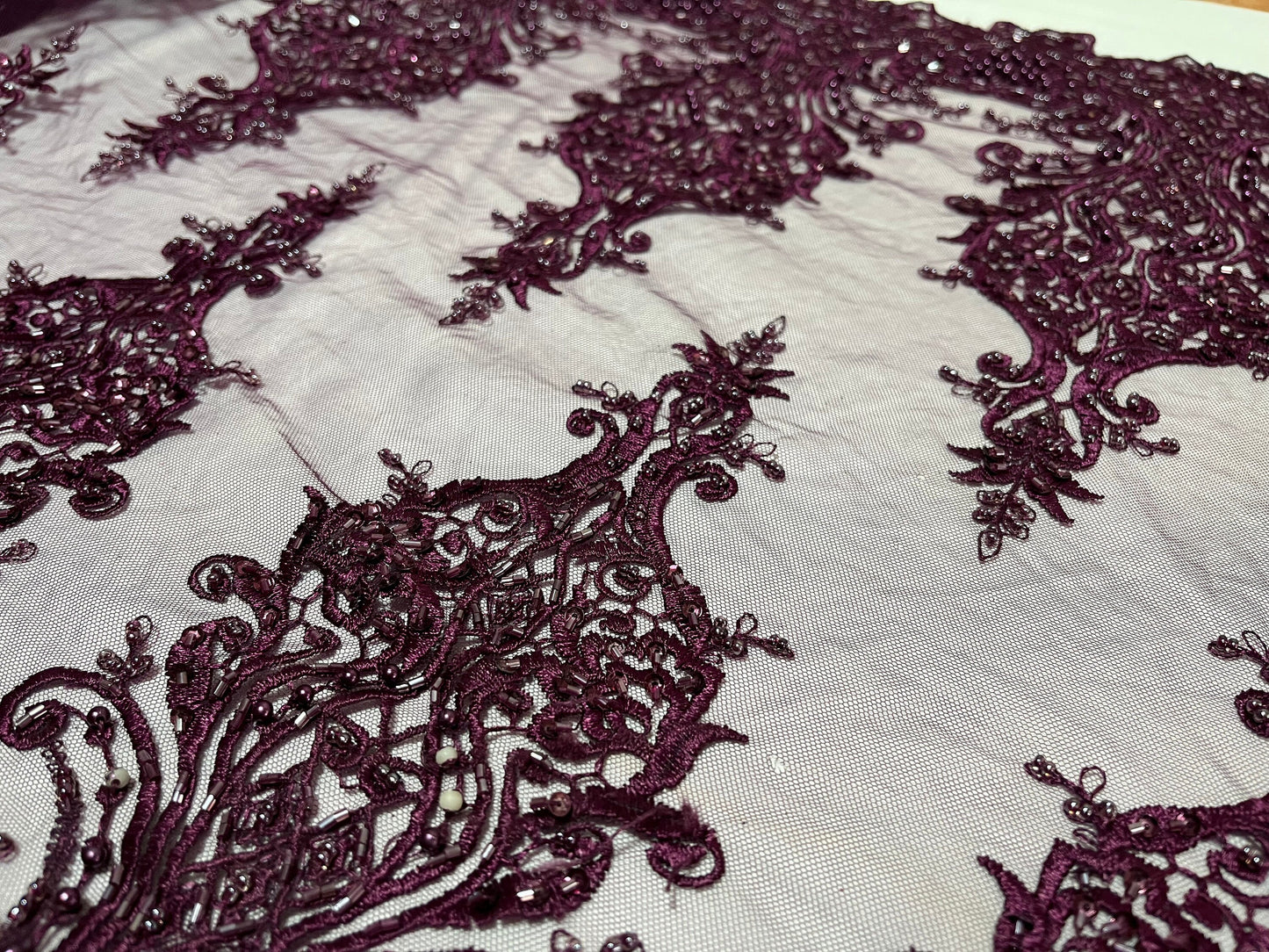 NEW High Class Double Border Damask Plum Embroidered Bead Pearl Sequins Net Trim / Trimming