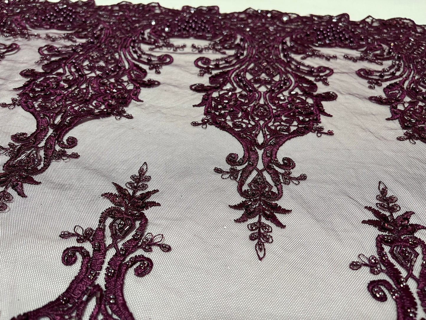 NEW High Class Double Border Damask Plum Embroidered Bead Pearl Sequins Net Trim / Trimming