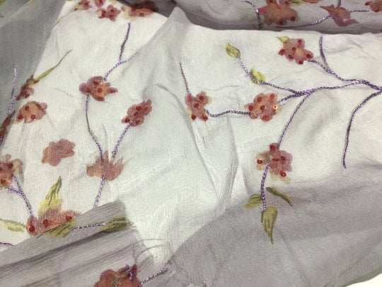 NEW High Class Embroidered Sequins 100% Pure Silk Crinkle Chiffon Floral Print Fabric