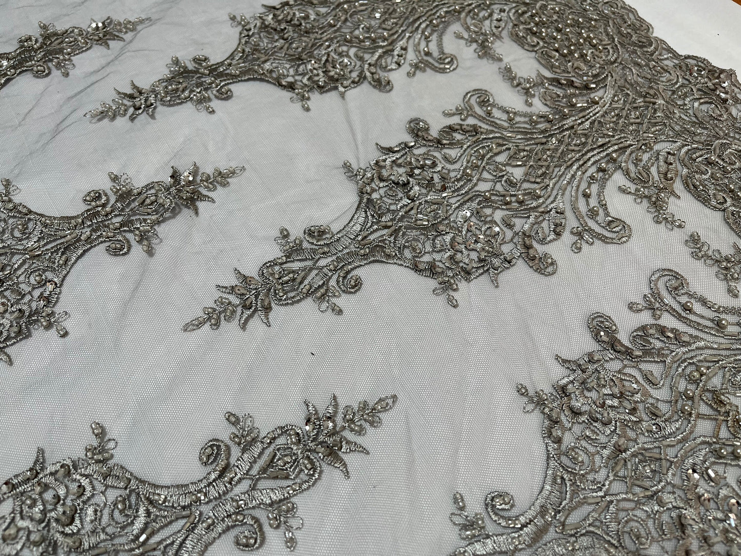 NEW High Class Double Border Damask Grey Embroidered Bead Pearl Sequins Net Trim / Trimming