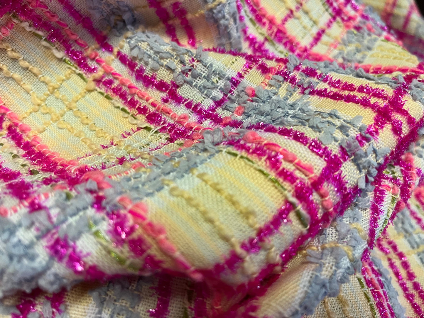 NEW High Class Metallic Hot Pink Pastel Blue Pink Peach and Green Couture Wool Tweed Boucle Fabric (Read Description)