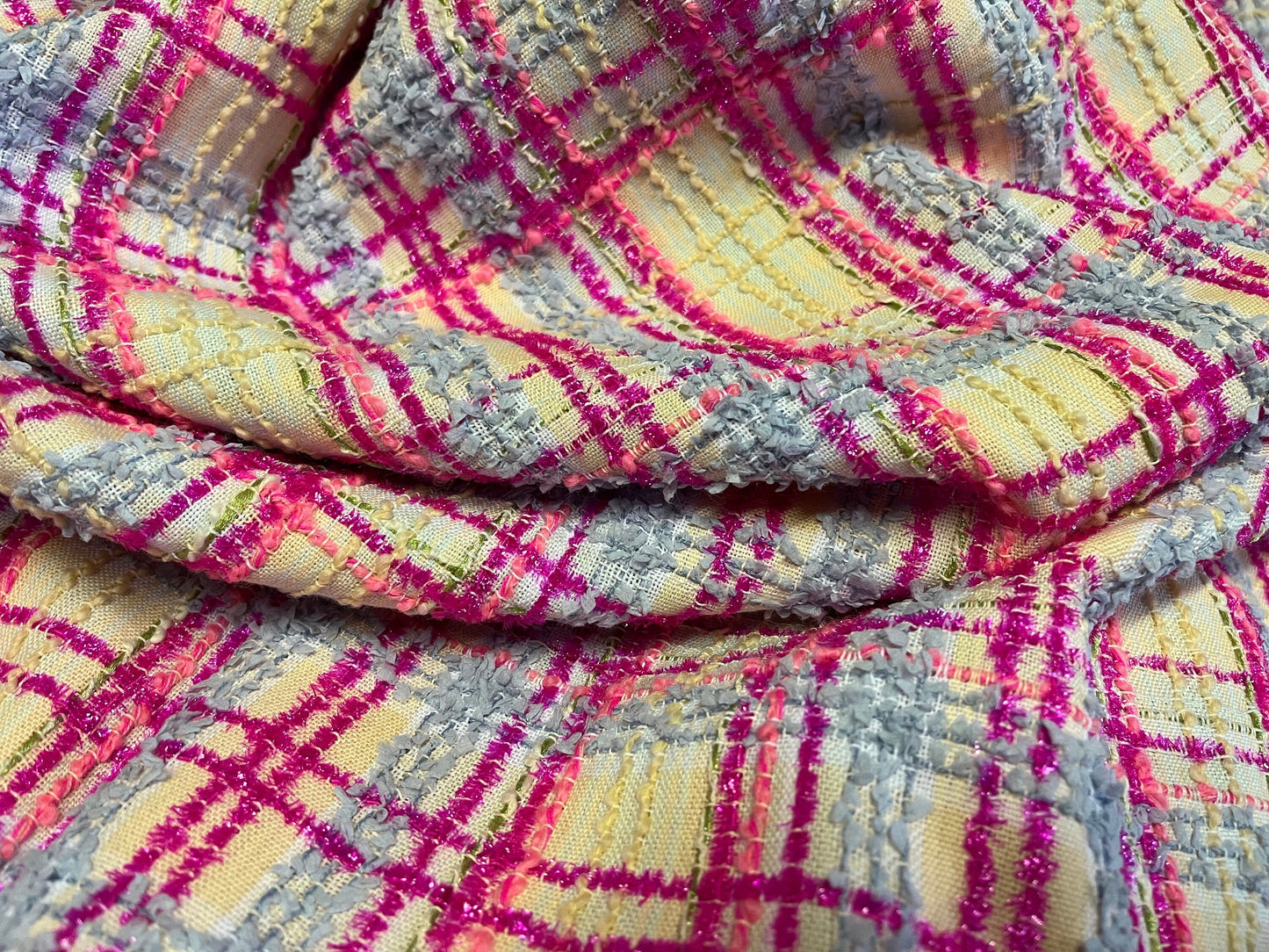 NEW High Class Metallic Hot Pink Pastel Blue Pink Peach and Green Couture Wool Tweed Boucle Fabric (Read Description)