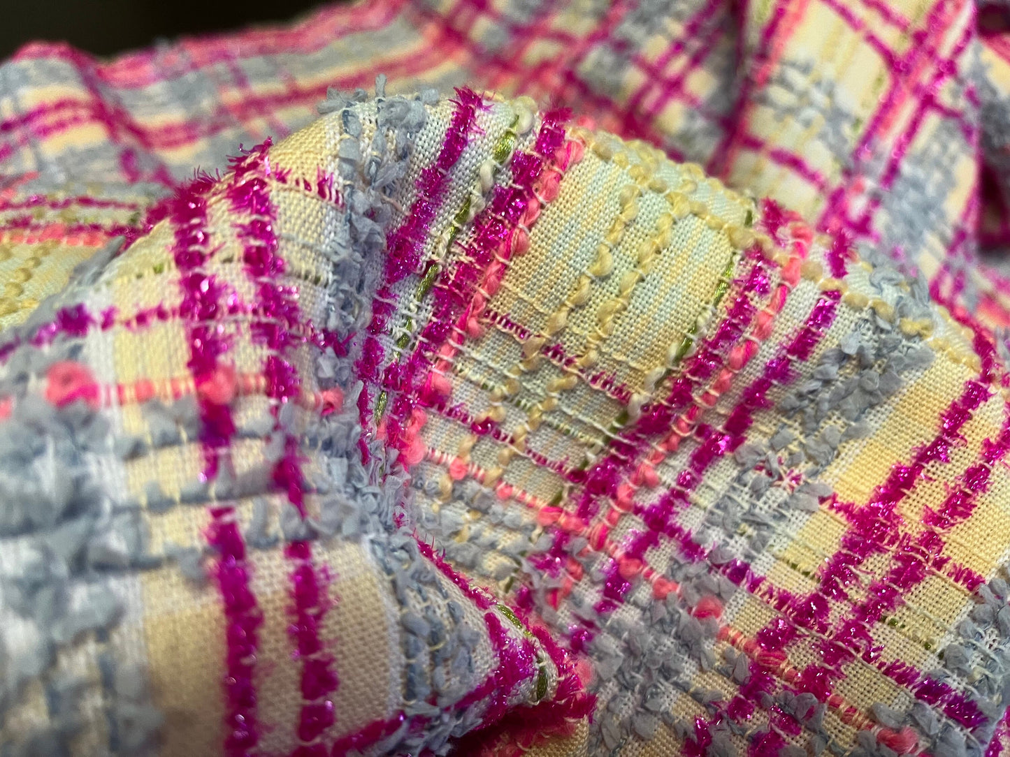 NEW High Class Metallic Hot Pink Pastel Blue Pink Peach and Green Couture Wool Tweed Boucle Fabric (Read Description)