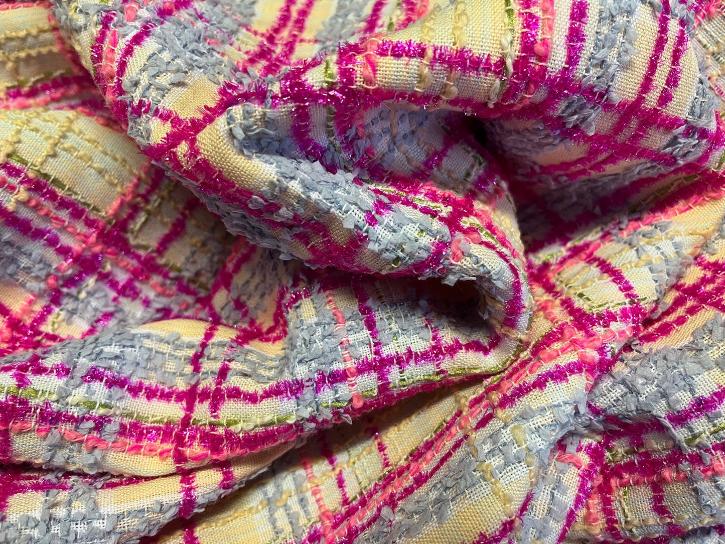 NEW High Class Metallic Hot Pink Pastel Blue Pink Peach and Green Couture Wool Tweed Boucle Fabric (Read Description)