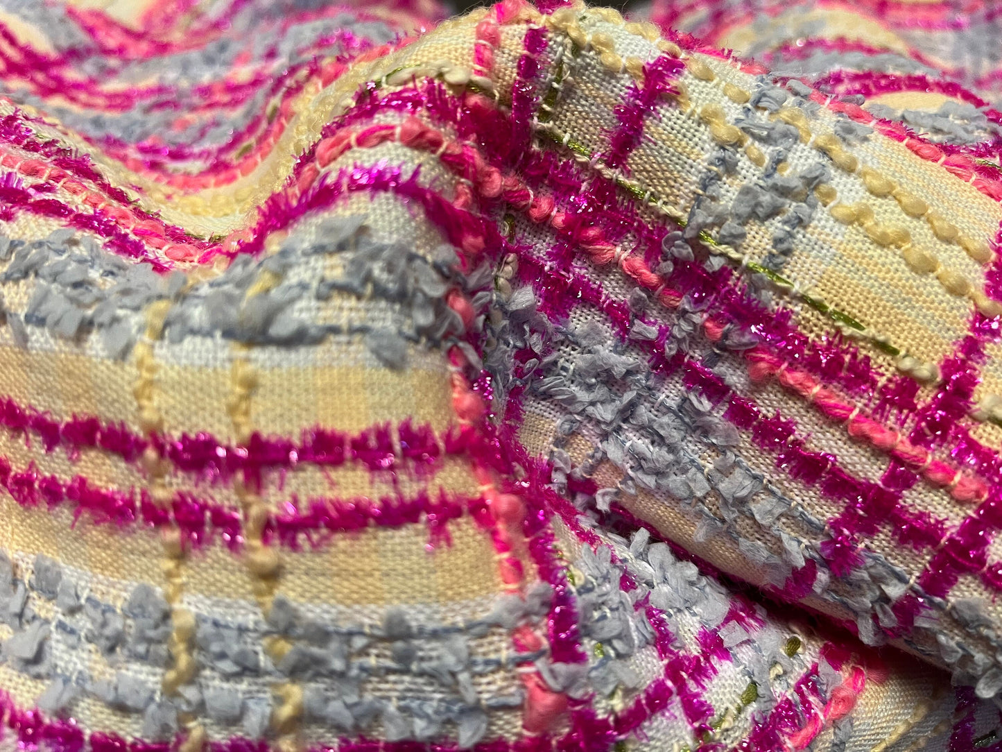 NEW High Class Metallic Hot Pink Pastel Blue Pink Peach and Green Couture Wool Tweed Boucle Fabric (Read Description)