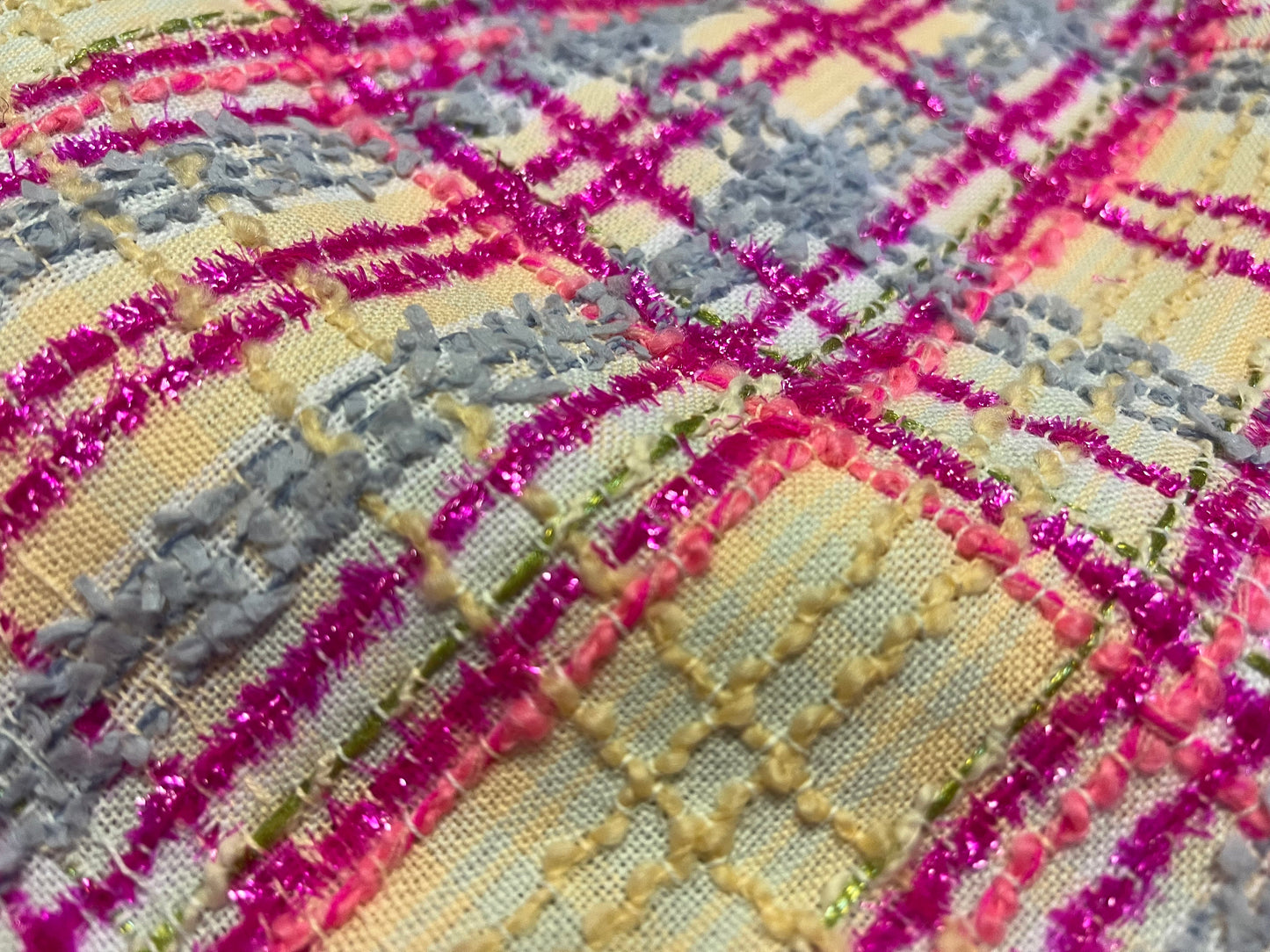 NEW High Class Metallic Hot Pink Pastel Blue Pink Peach and Green Couture Wool Tweed Boucle Fabric (Read Description)