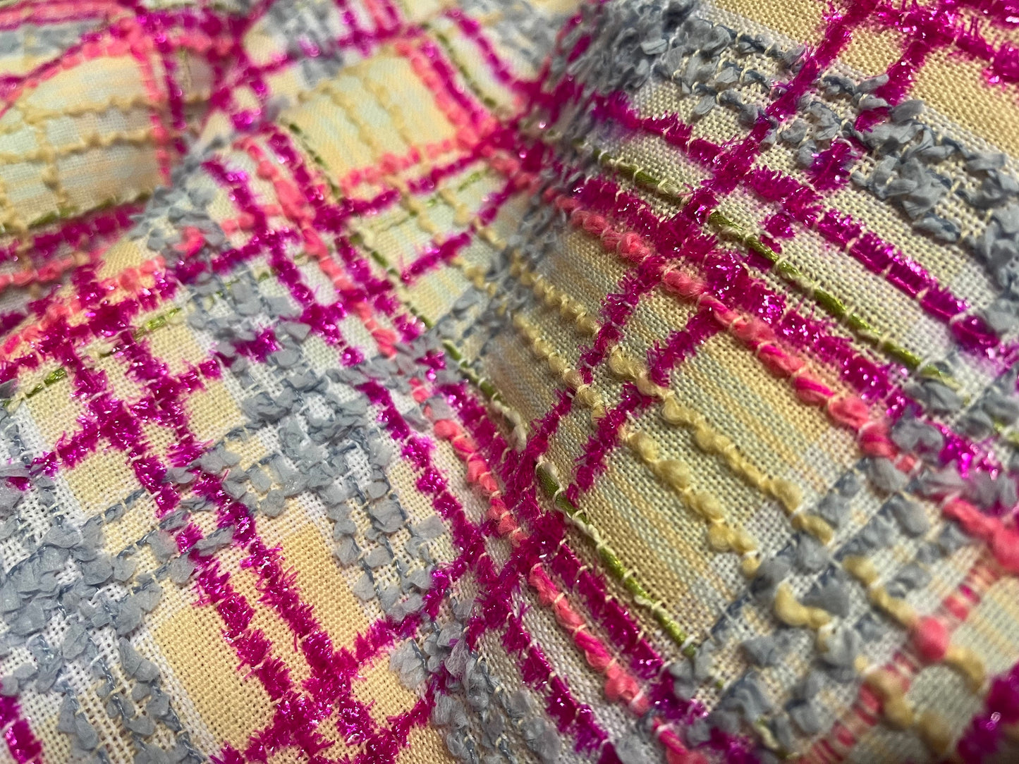 NEW High Class Metallic Hot Pink Pastel Blue Pink Peach and Green Couture Wool Tweed Boucle Fabric (Read Description)