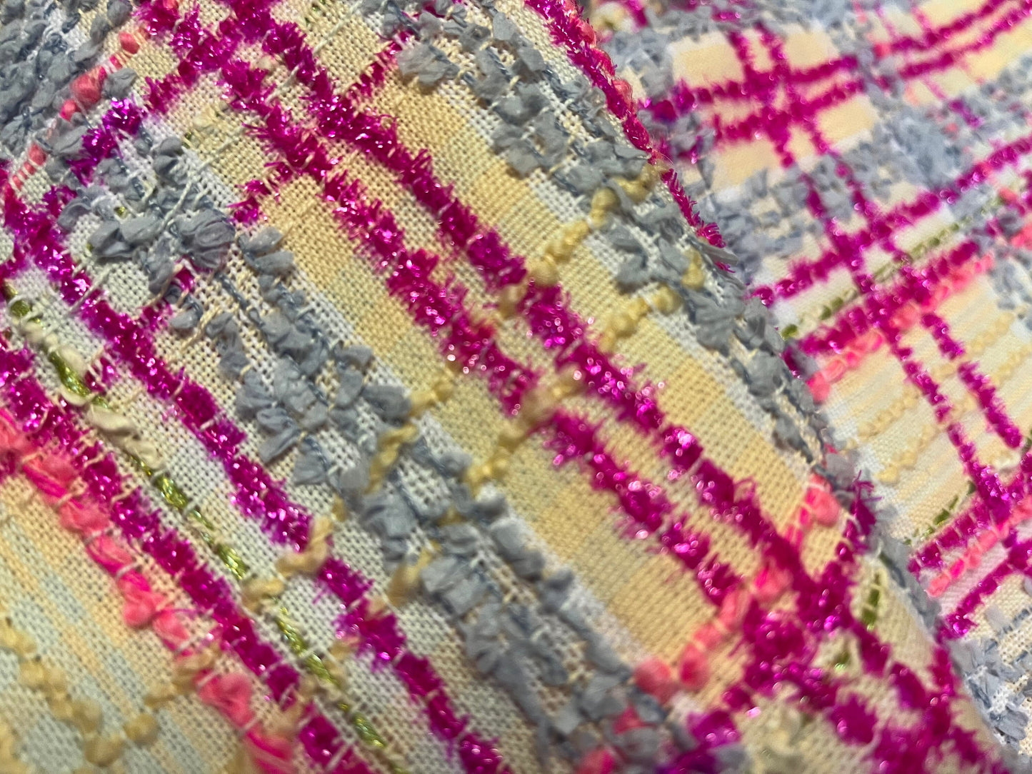 NEW High Class Metallic Hot Pink Pastel Blue Pink Peach and Green Couture Wool Tweed Boucle Fabric (Read Description)