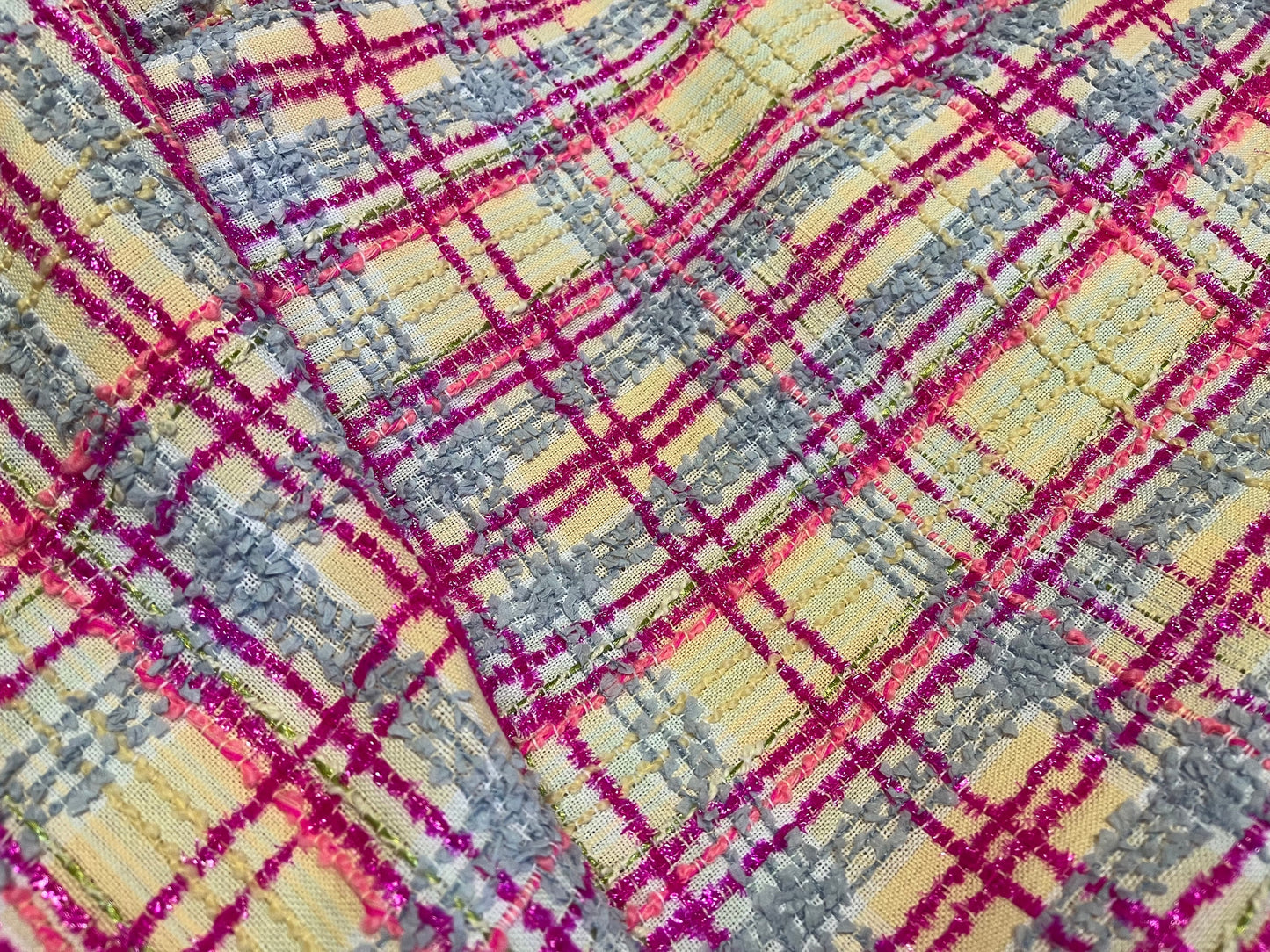 NEW High Class Metallic Hot Pink Pastel Blue Pink Peach and Green Couture Wool Tweed Boucle Fabric (Read Description)