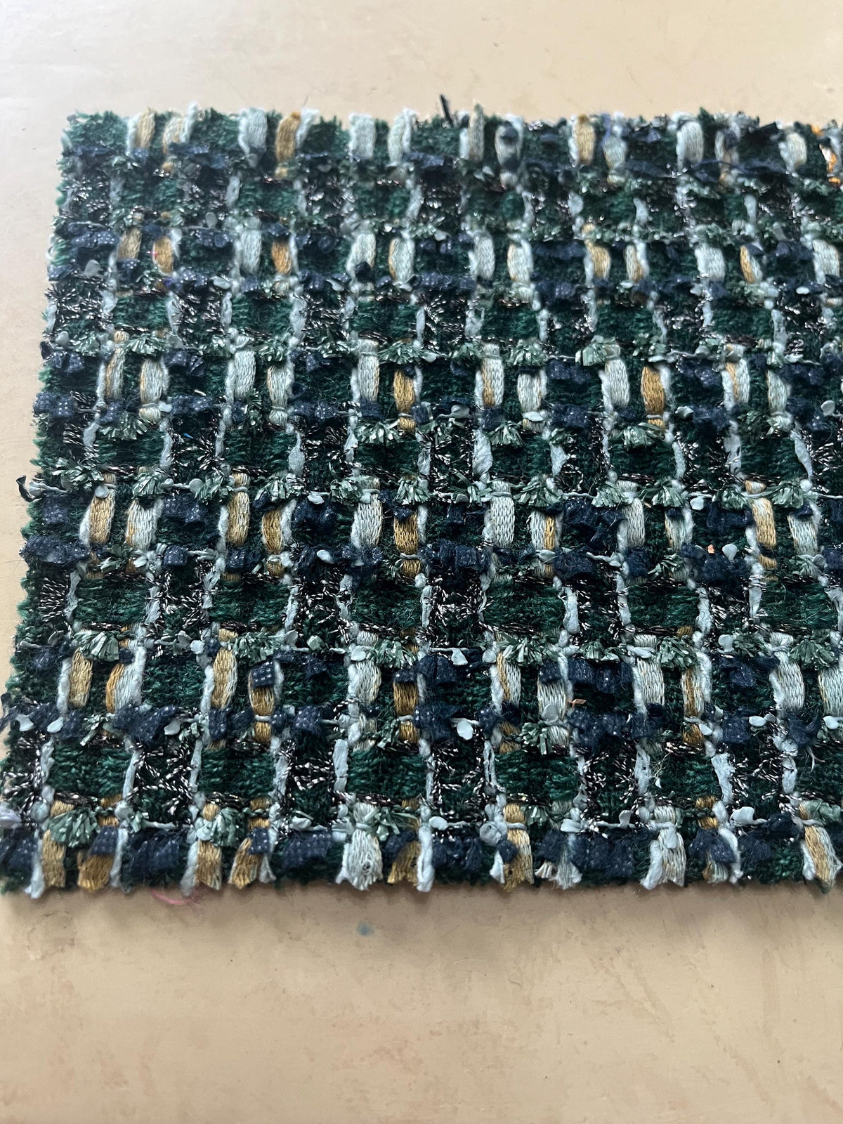NEW High Class Wool Forest Green Metallic Orange Navy Metallic Silver Couture Tweed Boucle Fabric (Read Description)