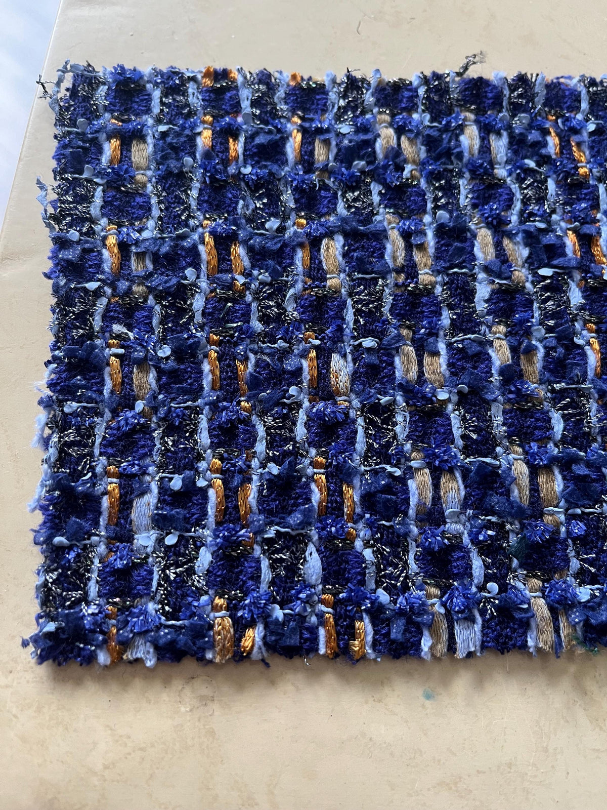 NEW High Class Wool Dark Pastel Blue Metallic Bronze Yellow Couture Check Couture Tweed Boucle Fabric (Read Description)