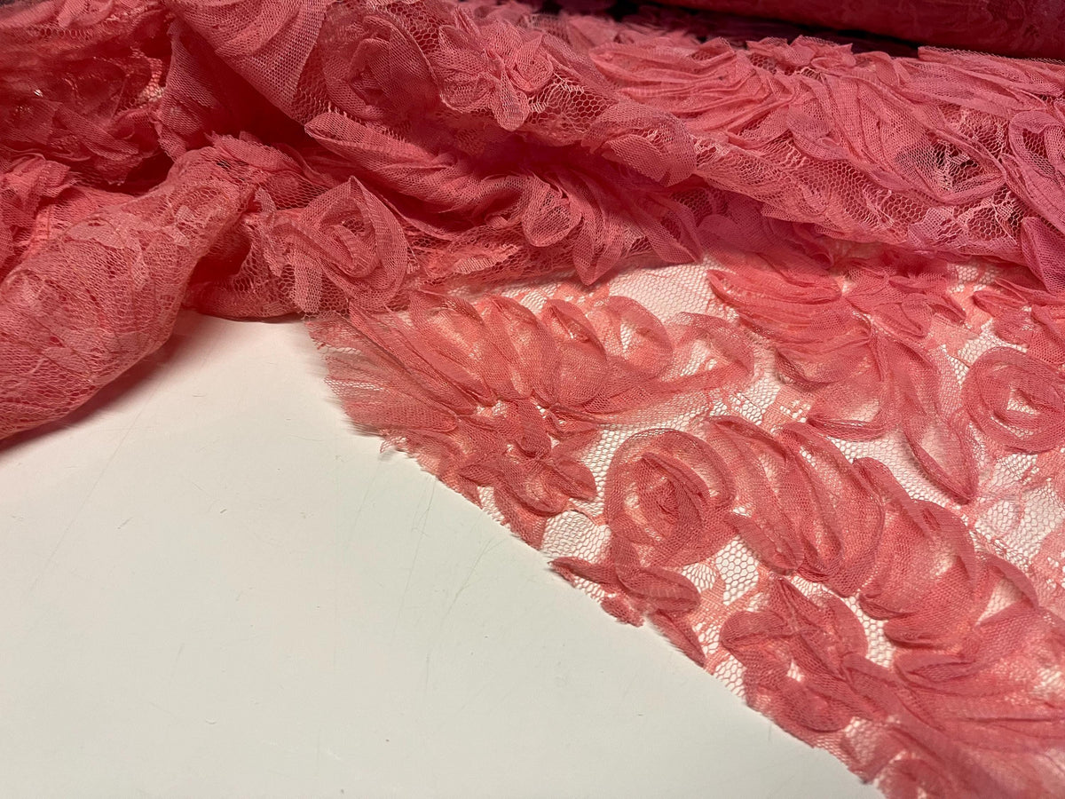 NEW High Class Salmon Pink Floral Lace Ribbon Tulle Fabric