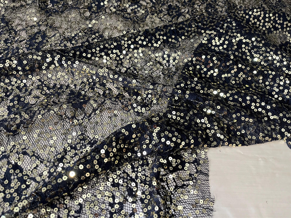 NEW High Class Black Floral Lace Gold Sequins Fabric