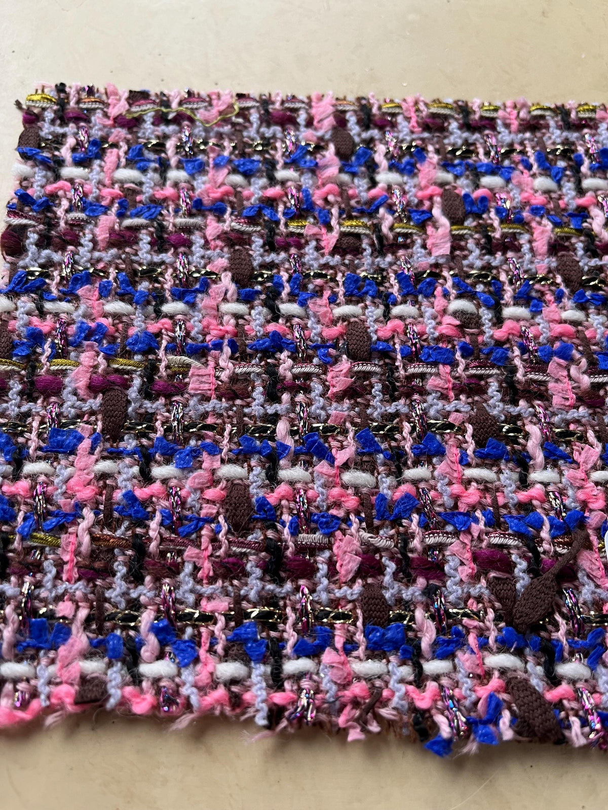 NEW High Class Bubblegum Pink Blue Gold Brown Wool Silk Couture Tweed Boucle Fabric (Read Description)
