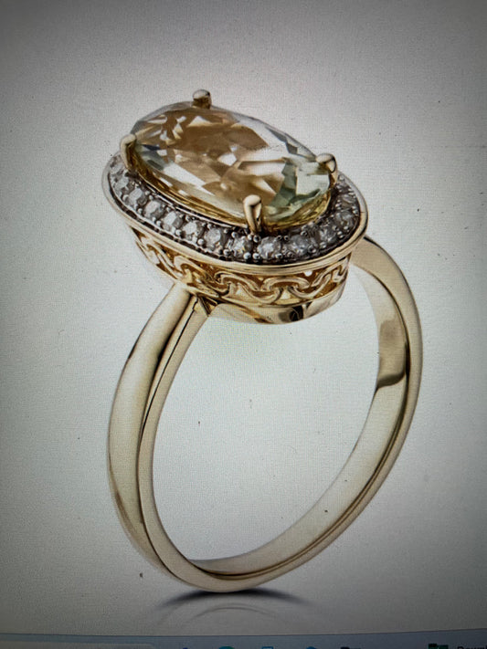 9ct Yellow Gold 0.15ct Diamond Green Amethyst Oval Ring