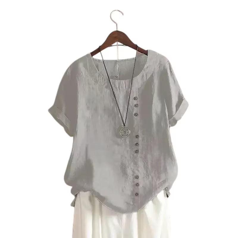 Candy Colours 100% Cotton Women's Button Blouse | Linen Touch O-Neck Short Sleeve Shirt Top (S-5XL) | Perfect for Spring & Summer | Free Worldwide Shipping