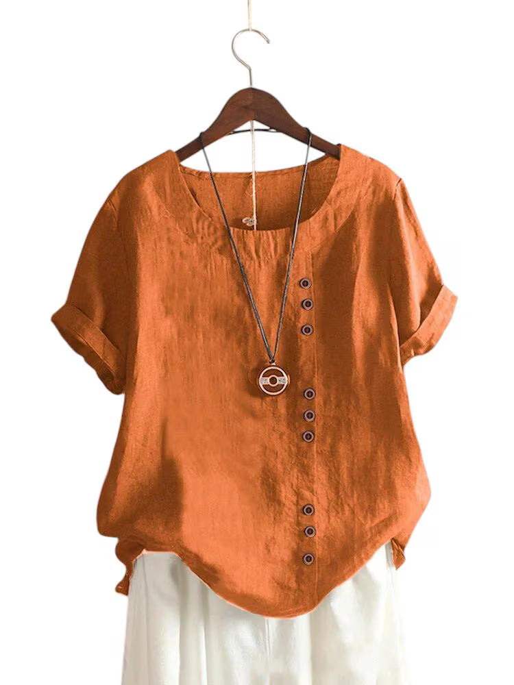 Candy Colours 100% Cotton Women's Button Blouse | Linen Touch O-Neck Short Sleeve Shirt Top (S-5XL) | Perfect for Spring & Summer | Free Worldwide Shipping