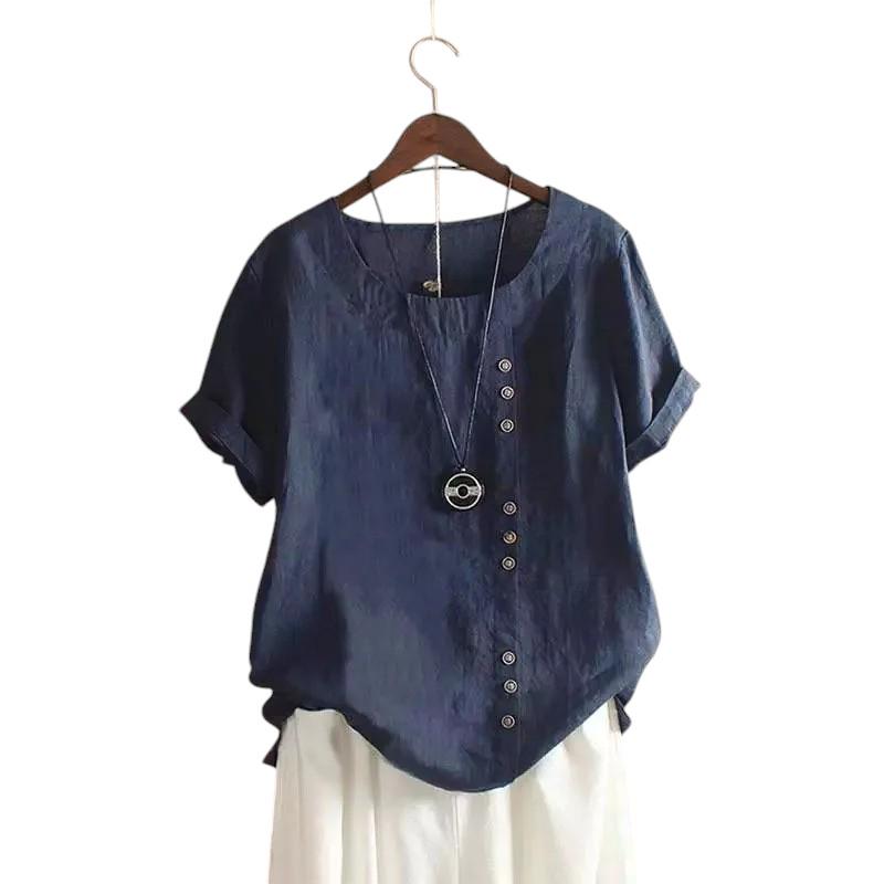 Candy Colours 100% Cotton Women's Button Blouse | Linen Touch O-Neck Short Sleeve Shirt Top (S-5XL) | Perfect for Spring & Summer | Free Worldwide Shipping