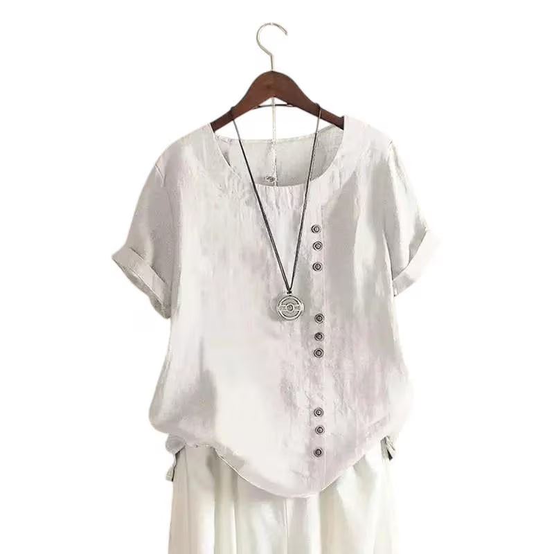 Candy Colours 100% Cotton Women's Button Blouse | Linen Touch O-Neck Short Sleeve Shirt Top (S-5XL) | Perfect for Spring & Summer | Free Worldwide Shipping
