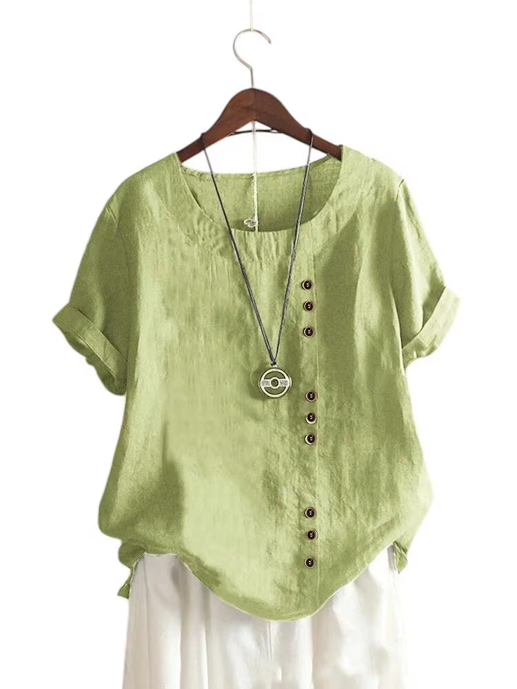 Candy Colours 100% Cotton Women's Button Blouse | Linen Touch O-Neck Short Sleeve Shirt Top (S-5XL) | Perfect for Spring & Summer | Free Worldwide Shipping