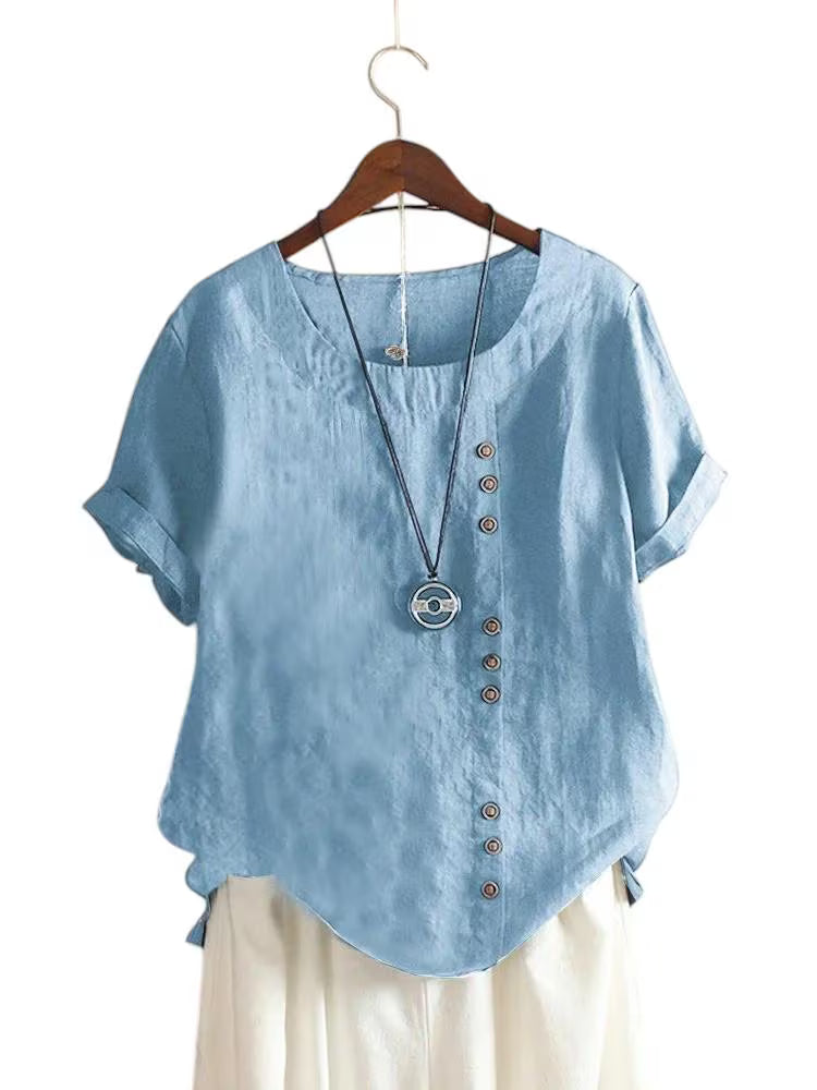 Candy Colours 100% Cotton Women's Button Blouse | Linen Touch O-Neck Short Sleeve Shirt Top (S-5XL) | Perfect for Spring & Summer | Free Worldwide Shipping