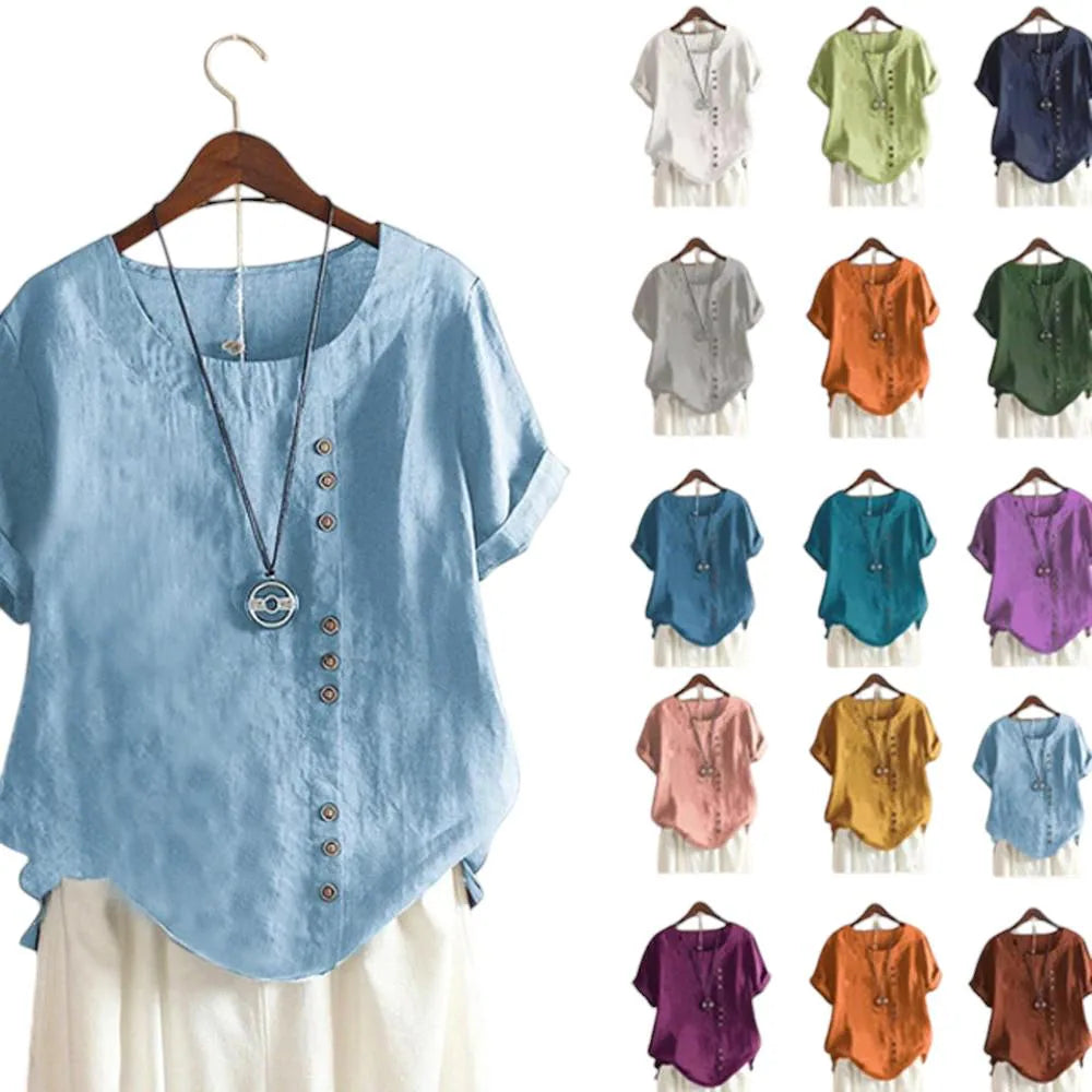 Candy Colours 100% Cotton Women's Button Blouse | Linen Touch O-Neck Short Sleeve Shirt Top (S-5XL) | Perfect for Spring & Summer | Free Worldwide Shipping