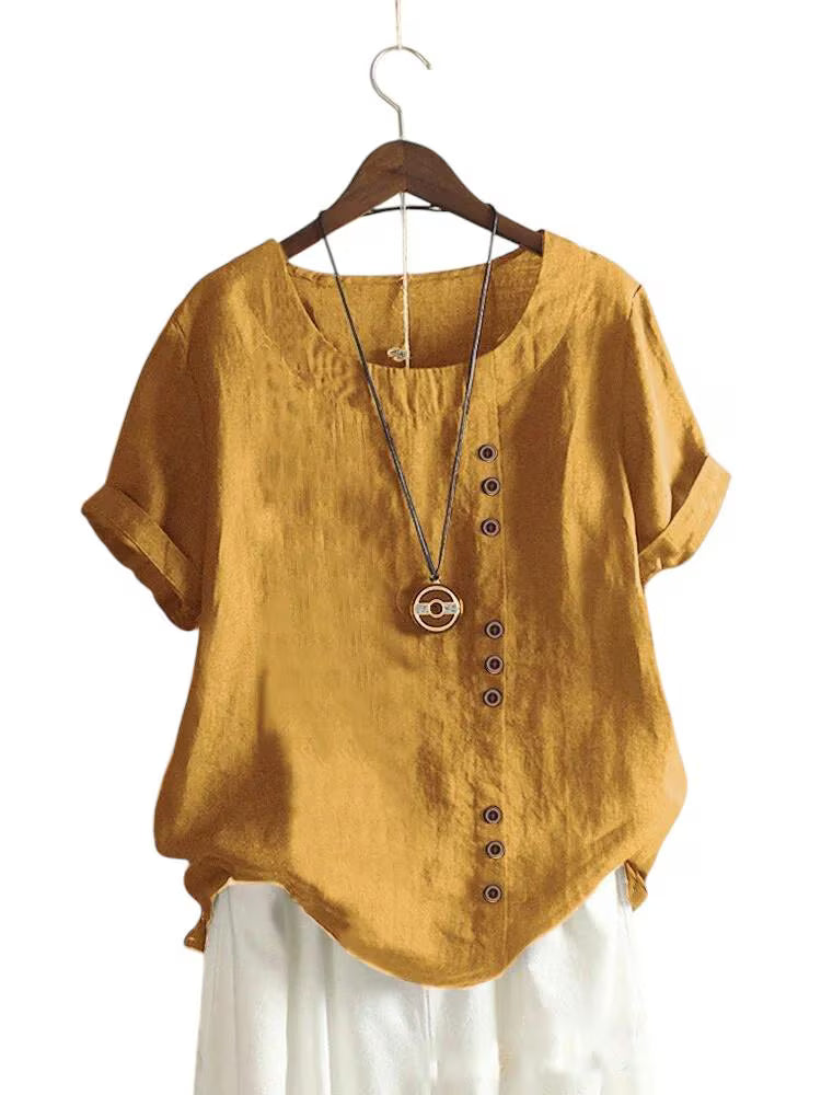 Candy Colours 100% Cotton Women's Button Blouse | Linen Touch O-Neck Short Sleeve Shirt Top (S-5XL) | Perfect for Spring & Summer | Free Worldwide Shipping