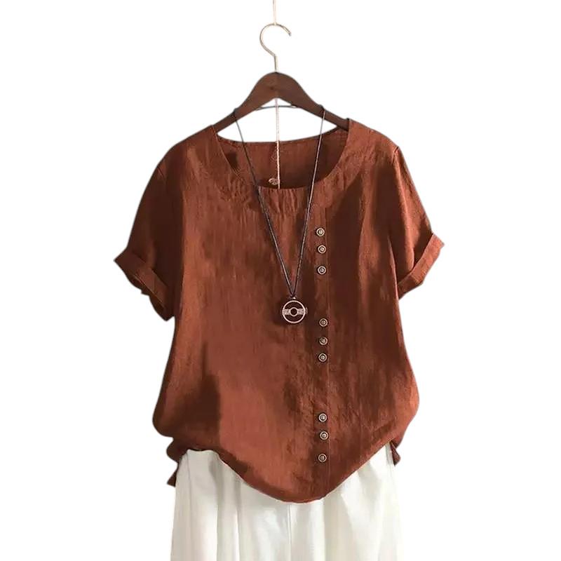 Candy Colours 100% Cotton Women's Button Blouse | Linen Touch O-Neck Short Sleeve Shirt Top (S-5XL) | Perfect for Spring & Summer | Free Worldwide Shipping