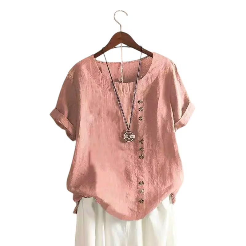 Candy Colours 100% Cotton Women's Button Blouse | Linen Touch O-Neck Short Sleeve Shirt Top (S-5XL) | Perfect for Spring & Summer | Free Worldwide Shipping