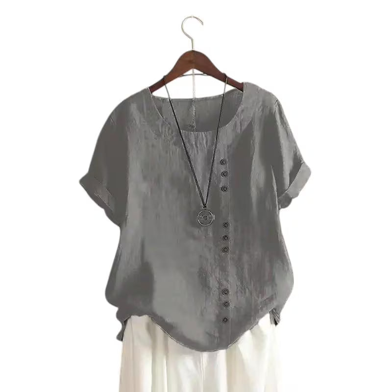 Candy Colours 100% Cotton Women's Button Blouse | Linen Touch O-Neck Short Sleeve Shirt Top (S-5XL) | Perfect for Spring & Summer | Free Worldwide Shipping