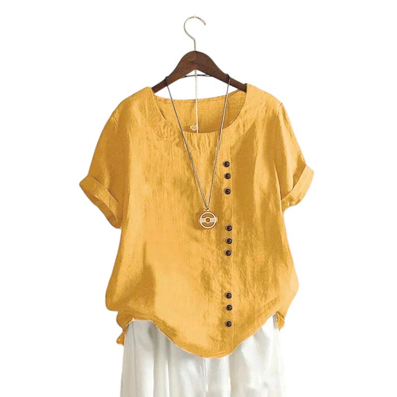 Candy Colours 100% Cotton Women's Button Blouse | Linen Touch O-Neck Short Sleeve Shirt Top (S-5XL) | Perfect for Spring & Summer | Free Worldwide Shipping