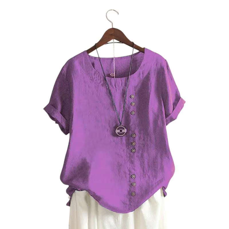 Candy Colours 100% Cotton Women's Button Blouse | Linen Touch O-Neck Short Sleeve Shirt Top (S-5XL) | Perfect for Spring & Summer | Free Worldwide Shipping