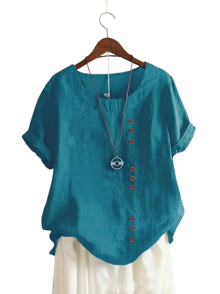 Candy Colours 100% Cotton Women's Button Blouse | Linen Touch O-Neck Short Sleeve Shirt Top (S-5XL) | Perfect for Spring & Summer | Free Worldwide Shipping