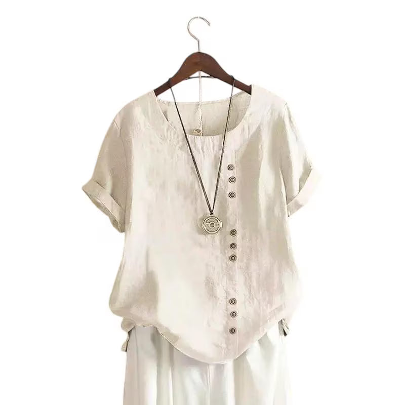 Candy Colours 100% Cotton Women's Button Blouse | Linen Touch O-Neck Short Sleeve Shirt Top (S-5XL) | Perfect for Spring & Summer | Free Worldwide Shipping