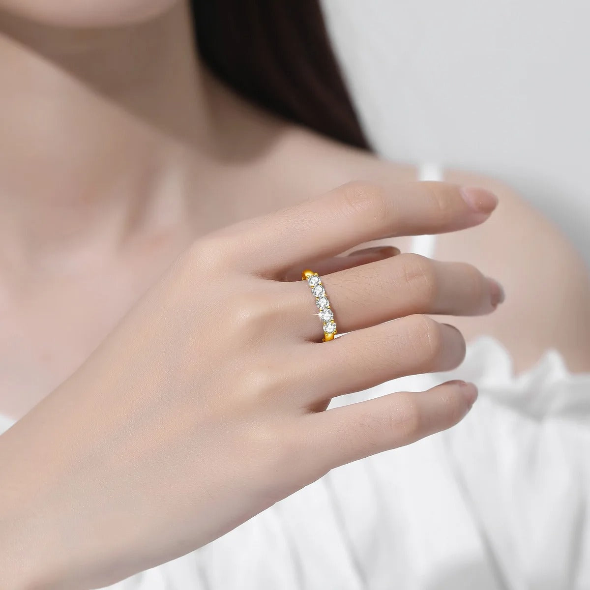Certified 18K Solid Gold Moissanite 5‑Stone Ring for Women – Luxury Engagement / Wedding Gift