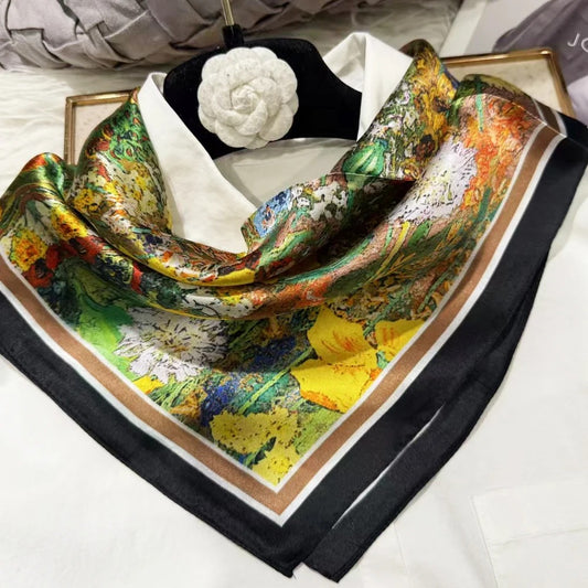 100% Mulberry Silk Floral Square Scarf – Luxury Small Silk Headscarf / Hair & Neck Neckerchief