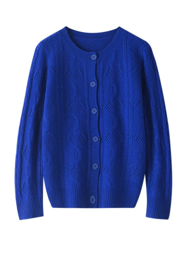 Women’s 100% Merino Wool O‑Neck Hollow‑Out Cardigan – Vintage Knit Layer, Lightweight & Chic – Free Worldwide Shipping