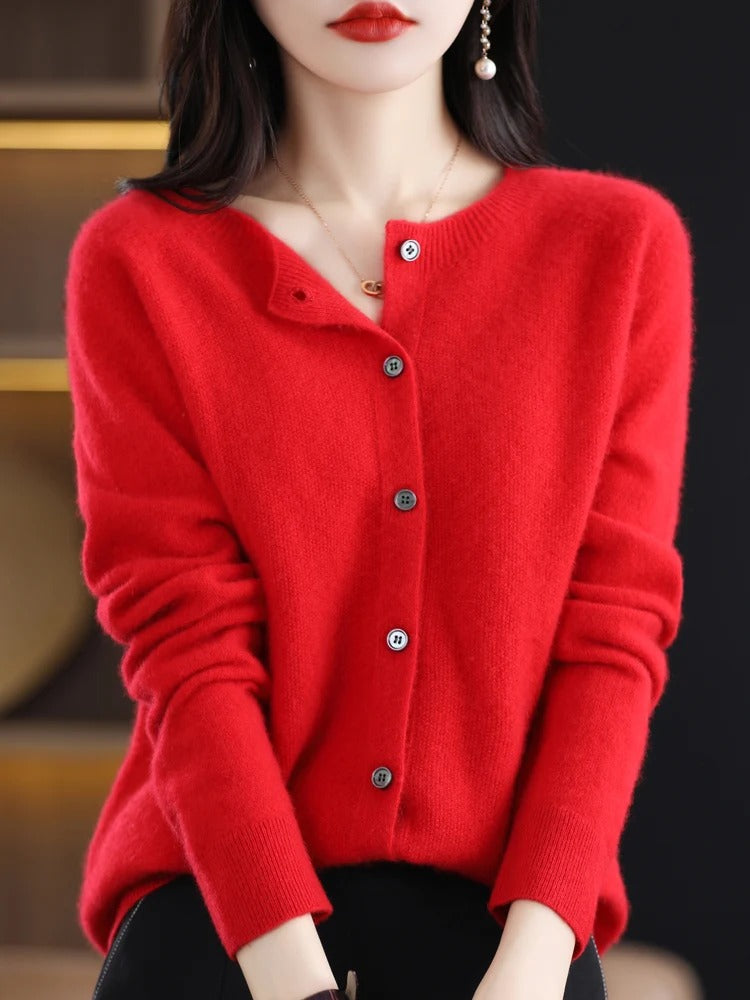 Women’s 100% Merino Wool O‑Neck Cardigan – High‑End Button‑Front Knit, All‑Season Versatile Layer