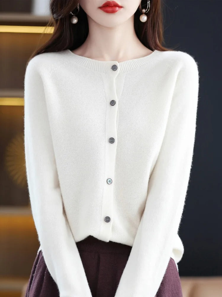 Women’s 100% Merino Wool O‑Neck Cardigan – High‑End Button‑Front Knit, All‑Season Versatile Layer