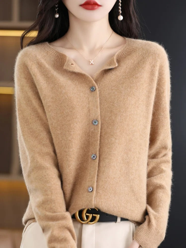 Women’s 100% Merino Wool O‑Neck Cardigan – High‑End Button‑Front Knit, All‑Season Versatile Layer