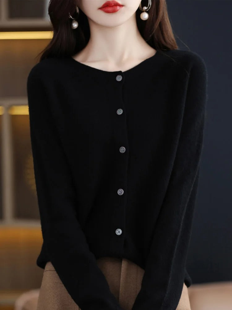 Women’s 100% Merino Wool O‑Neck Cardigan – High‑End Button‑Front Knit, All‑Season Versatile Layer