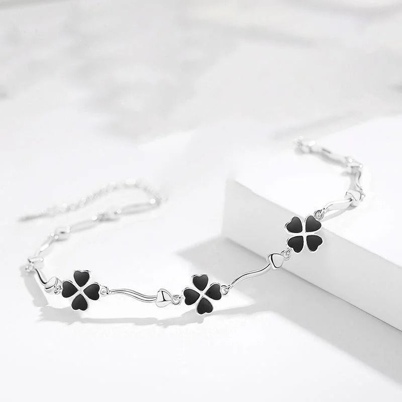 Elegant 925 Sterling Silver Black Clover Flower Bracelet – Charm Jewellery for Women