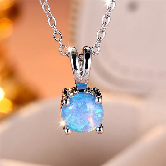 Blue & White Fire Opal Round Pendant Necklace — Vintage Silver Tone Wedding Jewelry Gift for Women