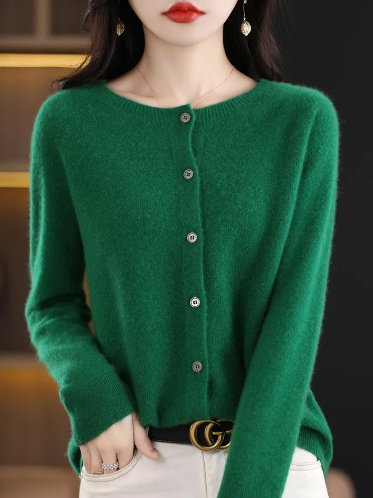 Women’s 100% Merino Wool O‑Neck Cardigan – High‑End Button‑Front Knit, All‑Season Versatile Layer