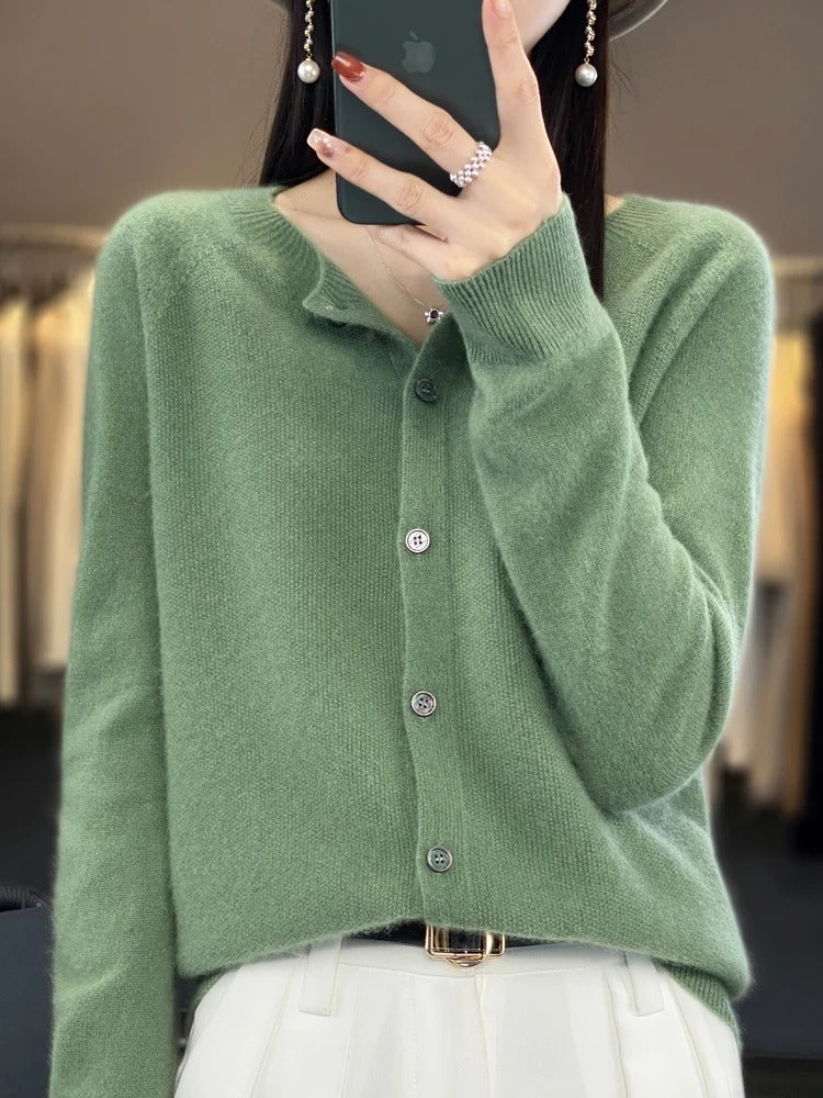 Women’s 100% Merino Wool O‑Neck Cardigan – High‑End Button‑Front Knit, All‑Season Versatile Layer