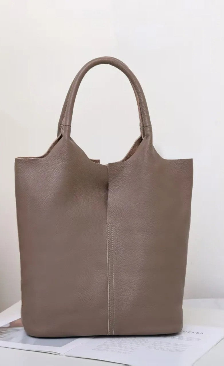 Luxury Genuine Leather Tote Bag for Women – Soft Cowhide Designer Shoulder Bucket Handbag Large Commuter Tote