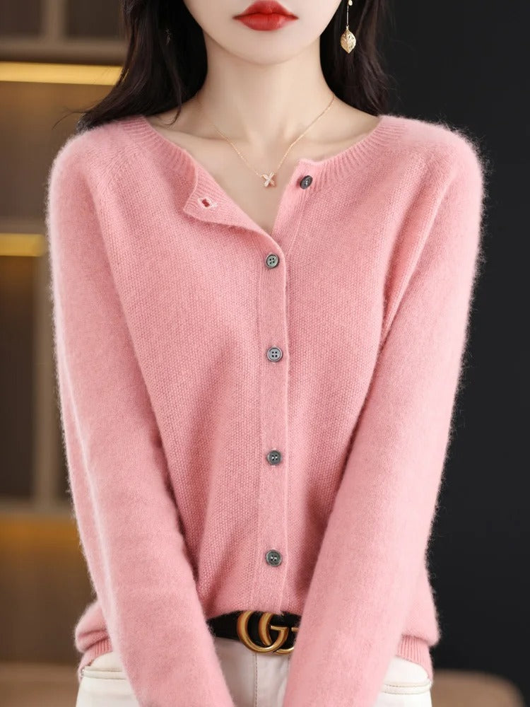 Women’s 100% Merino Wool O‑Neck Cardigan – High‑End Button‑Front Knit, All‑Season Versatile Layer