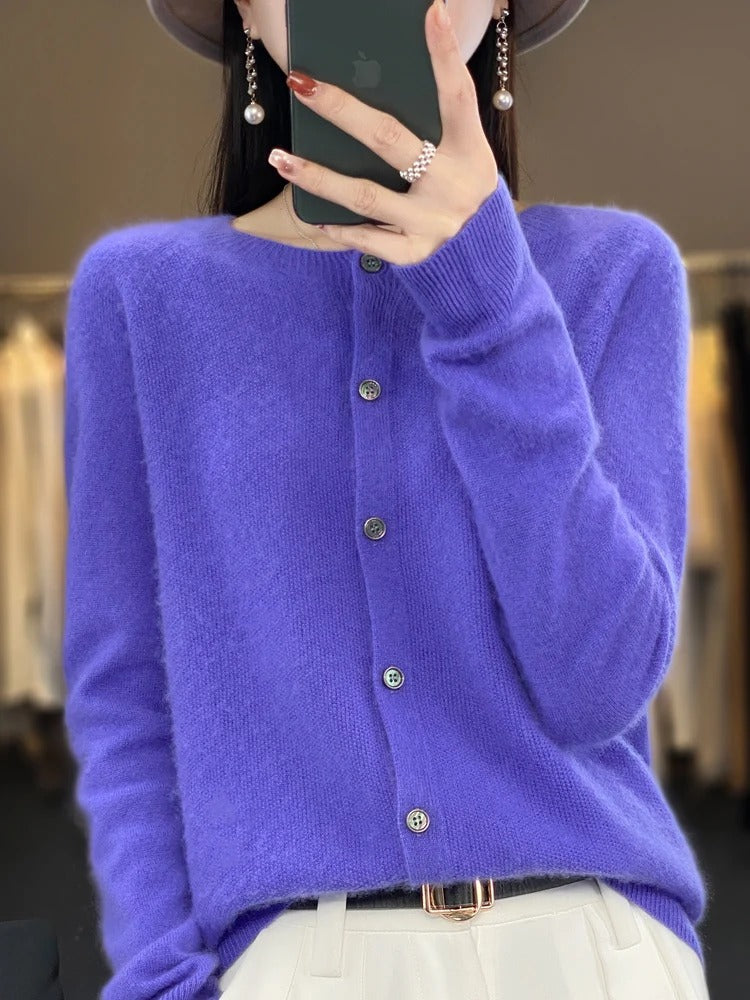 Women’s 100% Merino Wool O‑Neck Cardigan – High‑End Button‑Front Knit, All‑Season Versatile Layer