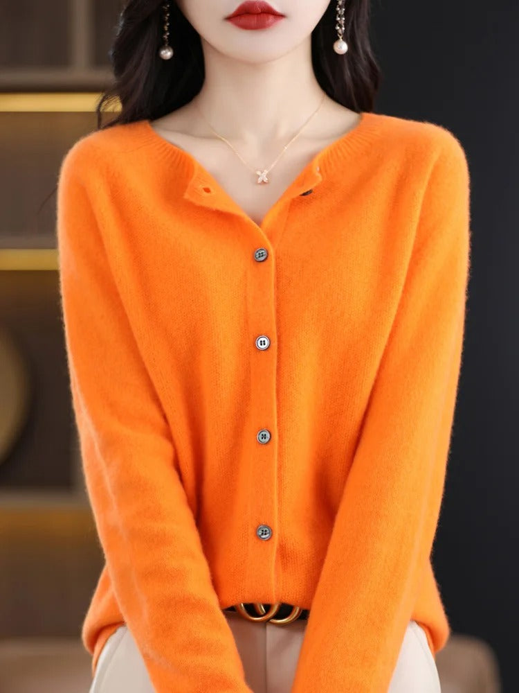 Women’s 100% Merino Wool O‑Neck Cardigan – High‑End Button‑Front Knit, All‑Season Versatile Layer