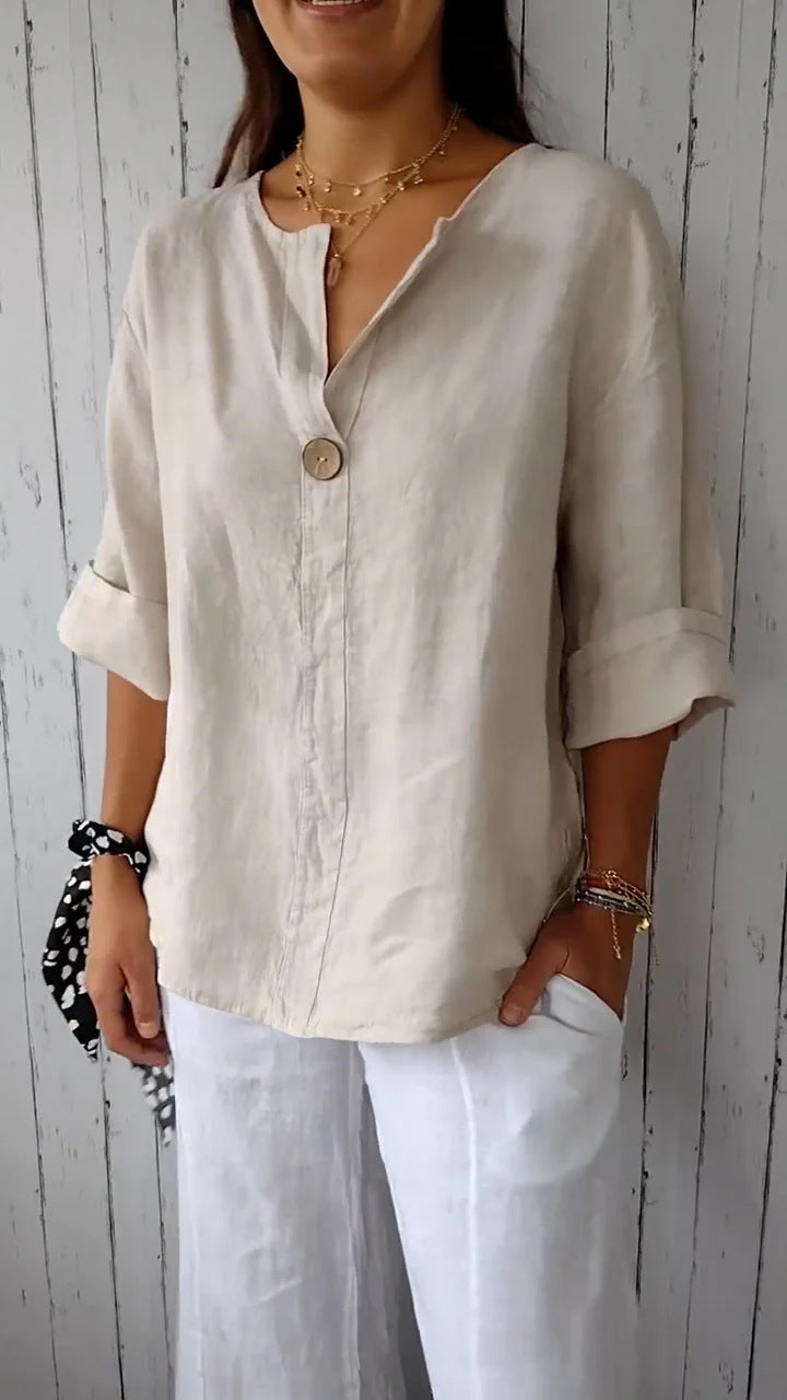 V-neck Long-sleeved T-shirt Fashion Loose Cotton And Linen Button Tops For Women + 🚚 Free Worldwide Shipping 🎉 Extra 30% OFF At Checkout